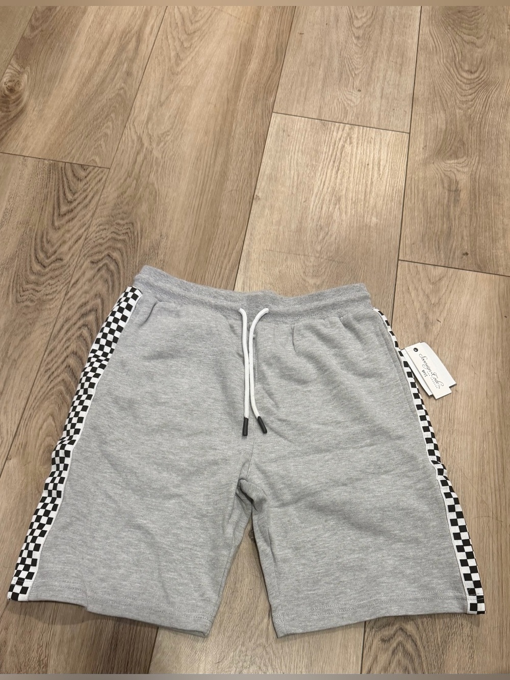 Boys Gray Drawstring Shorts with Black & White Check Side Stripe